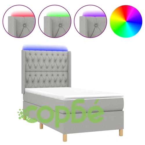 Боксспринг легло с матрак и LED, светлосиво, 90x200 см, плат ➤ топ цена ➤ sorbe.bg