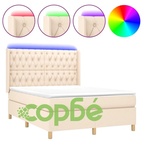 Боксспринг легло с матрак и LED, кремаво, 140x190 см, плат ➤ топ цена ➤ sorbe.bg