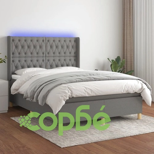 Боксспринг легло с матрак и LED, тъмносиво, 140x200 см, плат ➤ топ цена ➤ sorbe.bg
