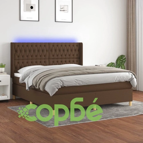 Боксспринг легло с матрак и LED, тъмнокафяво, 160x200 см, плат ➤ топ цена ➤ sorbe.bg