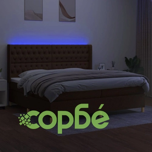 Боксспринг легло с матрак и LED, тъмнокафява, 200x200 см, плат ➤ топ цена ➤ sorbe.bg