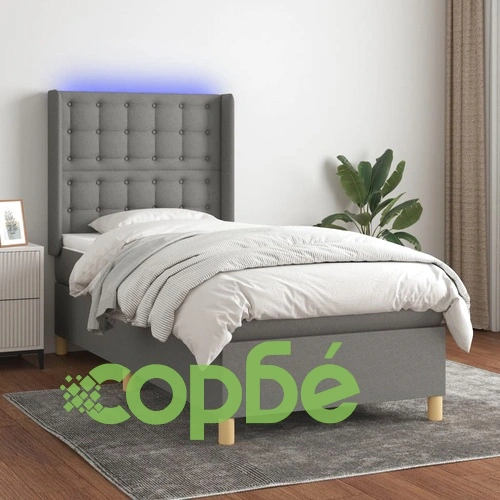 Боксспринг легло с матрак и LED, тъмносиво, 100x200 см, плат ➤ топ цена ➤ sorbe.bg
