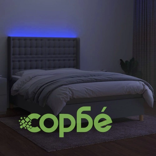 Боксспринг легло с матрак и LED, светлосиво, 140x200 см, плат ➤ топ цена ➤ sorbe.bg