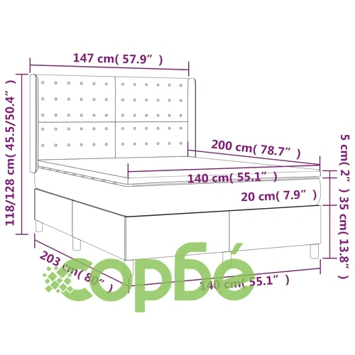 Боксспринг легло с матрак и LED, светлосиво, 140x200 см, плат ➤ топ цена ➤ sorbe.bg