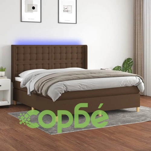 Боксспринг легло с матрак и LED, тъмнокафяво, 160x200 см, плат  ➤ топ цена ➤ sorbe.bg
