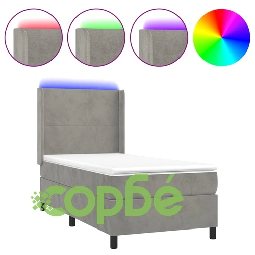 Боксспринг легло с матрак и LED, светлосиво, 90x190 см, кадифе ➤ топ цена ➤ sorbe.bg