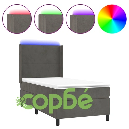 Боксспринг легло с матрак и LED, тъмносиво, 90x190 см, кадифе ➤ топ цена ➤ sorbe.bg