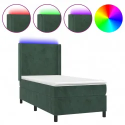 Боксспринг легло с матрак и LED, тъмнозелено, 90x190 см, кадифе
