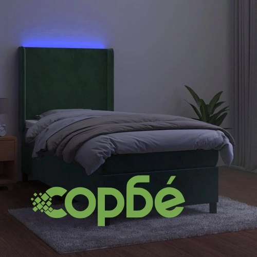 Боксспринг легло с матрак и LED, тъмнозелено, 90x200 см, кадифе ➤ топ цена ➤ sorbe.bg