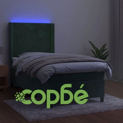 Боксспринг легло с матрак и LED, тъмнозелено, 100x200см, кадифе ➤ топ цена ➤ sorbe.bg