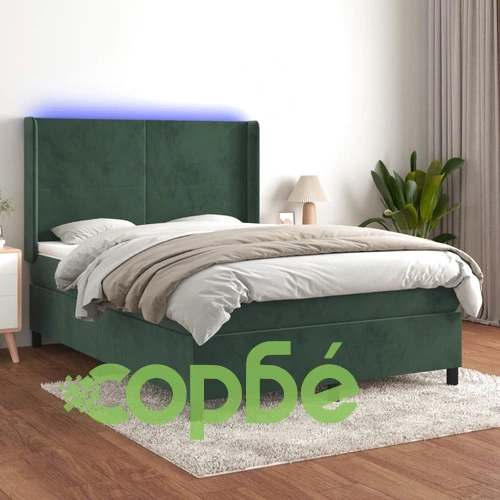 Боксспринг легло с матрак и LED, тъмнозелено, 140x190см, кадифе ➤ топ цена ➤ sorbe.bg