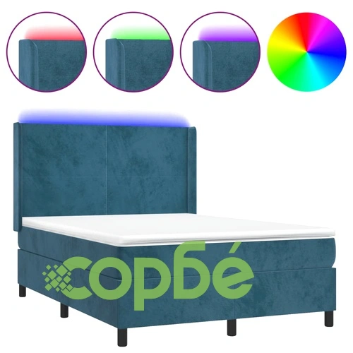 Боксспринг легло с матрак и LED, тъмносиньо, 140x190 см, кадифе ➤ топ цена ➤ sorbe.bg