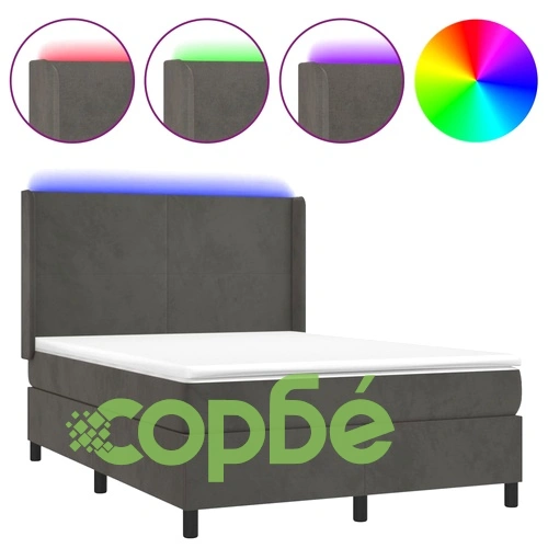 Боксспринг легло с матрак и LED, тъмносиво, 140x200 см, кадифе ➤ топ цена ➤ sorbe.bg