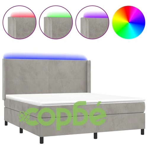Боксспринг легло с матрак и LED, светлосиво, 180x200 см, кадифе ➤ топ цена ➤ sorbe.bg