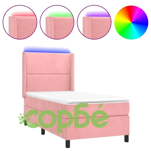 Боксспринг легло с матрак и LED, розово, 90x190 см, кадифе ➤ топ цена ➤ sorbe.bg