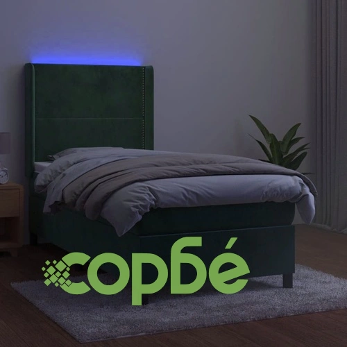 Боксспринг легло с матрак и LED, тъмнозелено, 100x200см, кадифе ➤ топ цена ➤ sorbe.bg