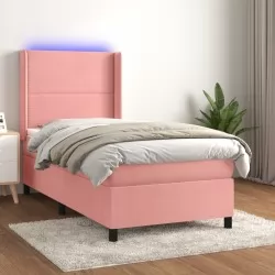 Боксспринг легло с матрак и LED, розово, 100x200 см, кадифе
