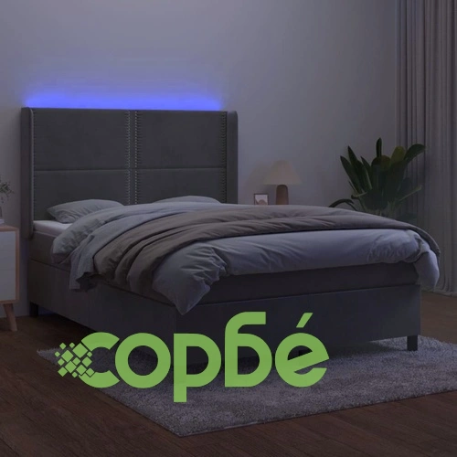Боксспринг легло с матрак и LED, светлосиво, 140x190 см, кадифе ➤ топ цена ➤ sorbe.bg