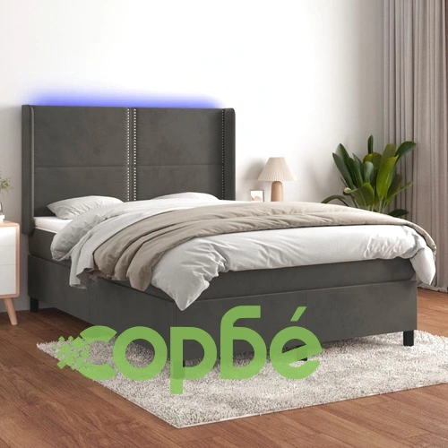 Боксспринг легло с матрак и LED, тъмносиво, 140x190 см, кадифе ➤ топ цена ➤ sorbe.bg