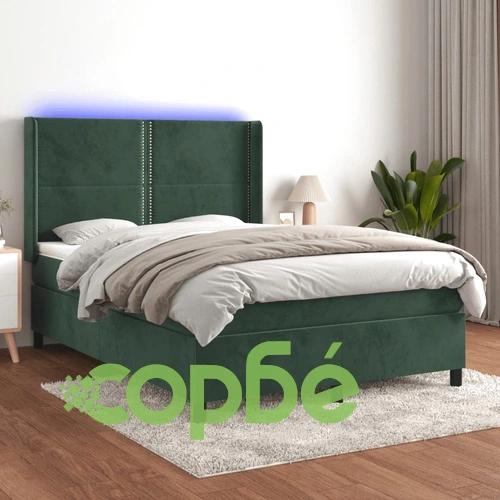 Боксспринг легло с матрак и LED, тъмнозелено, 140x190см, кадифе ➤ топ цена ➤ sorbe.bg