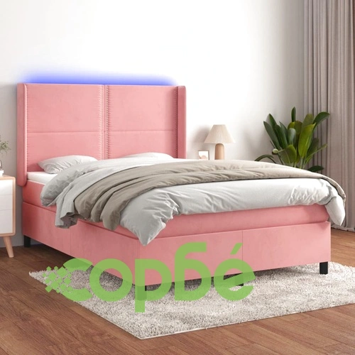 Боксспринг легло с матрак и LED, розово, 140x190 см, кадифе ➤ топ цена ➤ sorbe.bg