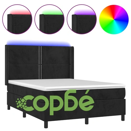 Боксспринг легло с матрак и LED, черно, 140x200 см, кадифе ➤ топ цена ➤ sorbe.bg
