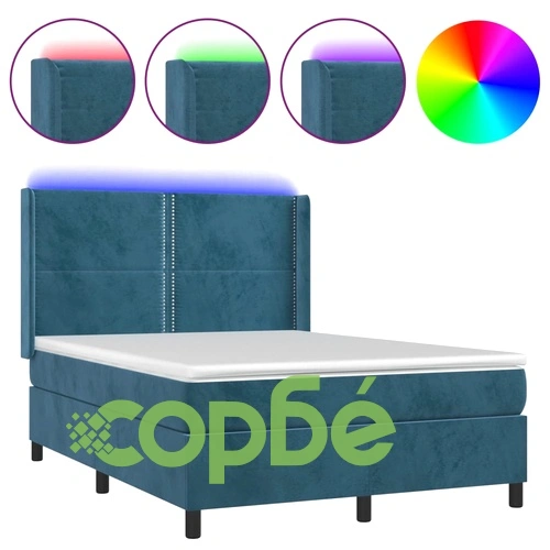 Боксспринг легло с матрак и LED, тъмносиньо, 140x200 см, кадифе ➤ топ цена ➤ sorbe.bg