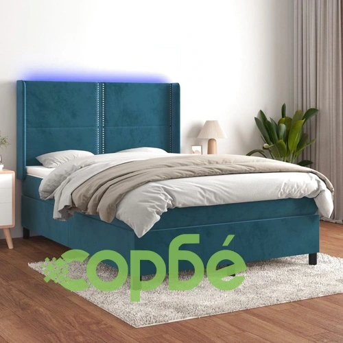 Боксспринг легло с матрак и LED, тъмносиньо, 140x200 см, кадифе ➤ топ цена ➤ sorbe.bg