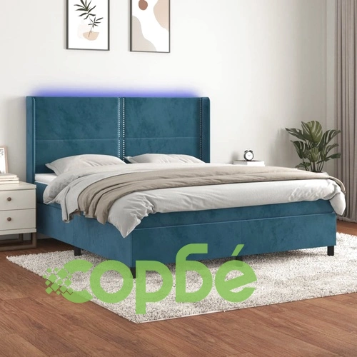 Боксспринг легло с матрак и LED, тъмносиньо, 180x200 см, кадифе ➤ топ цена ➤ sorbe.bg