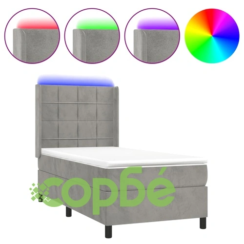 Боксспринг легло с матрак и LED, светлосиво, 80x200 см, кадифе ➤ топ цена ➤ sorbe.bg