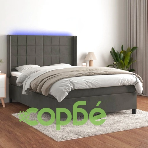 Боксспринг легло с матрак и LED, тъмносиво, 140x190 см, кадифе ➤ топ цена ➤ sorbe.bg