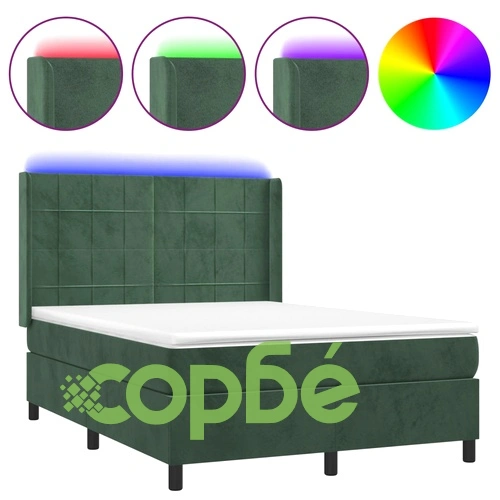 Боксспринг легло с матрак и LED, тъмнозелено, 140x190см, кадифе ➤ топ цена ➤ sorbe.bg