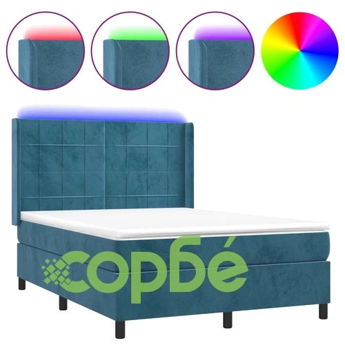 Боксспринг легло с матрак и LED, тъмносиньо, 140x190 см, кадифе ➤ топ цена ➤ sorbe.bg