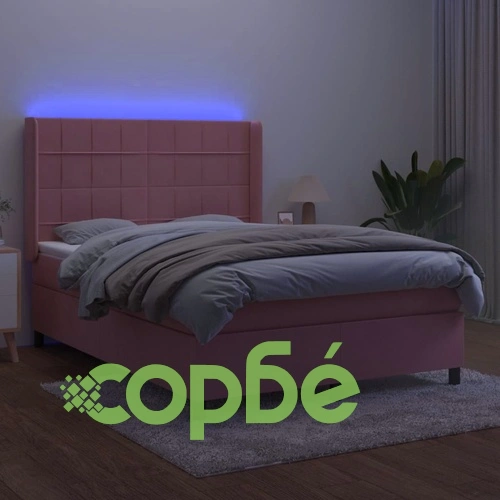 Боксспринг легло с матрак и LED, розово, 140x190 см, кадифе ➤ топ цена ➤ sorbe.bg