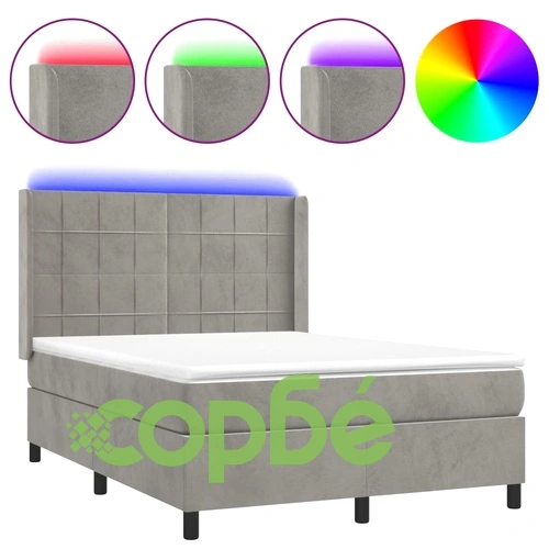 Боксспринг легло с матрак и LED, светлосиво, 140x200 см, кадифе ➤ топ цена ➤ sorbe.bg
