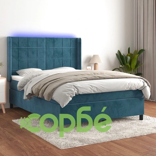Боксспринг легло с матрак и LED, тъмносиньо, 140x200 см, кадифе ➤ топ цена ➤ sorbe.bg