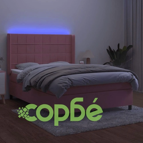 Боксспринг легло с матрак и LED, розово, 140x200 см, кадифе ➤ топ цена ➤ sorbe.bg