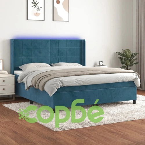 Боксспринг легло с матрак и LED, тъмносиньо, 160x200 см, кадифе ➤ топ цена ➤ sorbe.bg