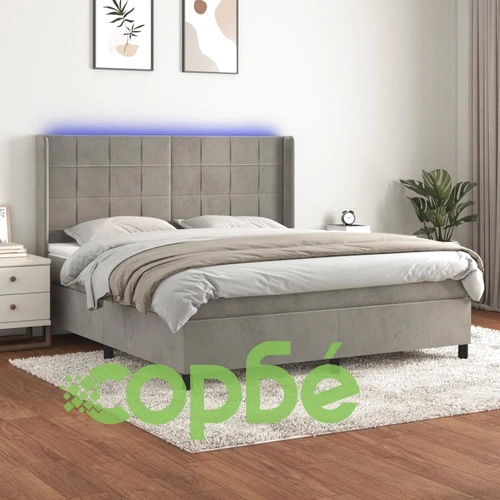 Боксспринг легло с матрак и LED, светлосиво, 180x200 см, кадифе ➤ топ цена ➤ sorbe.bg