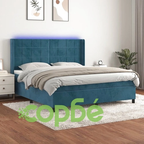 Боксспринг легло с матрак и LED, тъмносиньо, 180x200 см, кадифе ➤ топ цена ➤ sorbe.bg