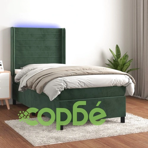 Боксспринг легло с матрак и LED, тъмнозелено, 80x200 см, кадифе ➤ топ цена ➤ sorbe.bg