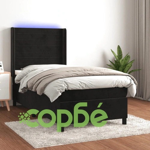 Боксспринг легло с матрак и LED, черно, 90x190 см, кадифе ➤ топ цена ➤ sorbe.bg