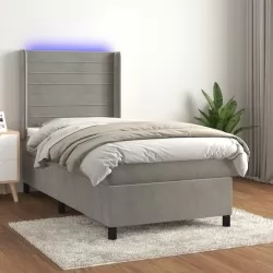 Боксспринг легло с матрак и LED, светлосиво, 100x200 см, кадифе