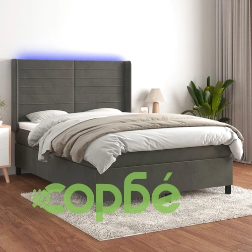Боксспринг легло с матрак и LED, тъмносиво, 140x190 см, кадифе ➤ топ цена ➤ sorbe.bg