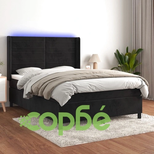Боксспринг легло с матрак и LED, черно, 140x190 см, кадифе ➤ топ цена ➤ sorbe.bg