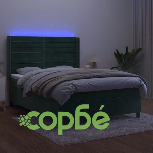 Боксспринг легло с матрак и LED, тъмнозелено, 140x190см, кадифе ➤ топ цена ➤ sorbe.bg