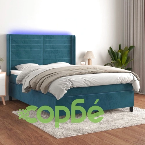Боксспринг легло с матрак и LED, тъмносиньо, 140x190 см, кадифе ➤ топ цена ➤ sorbe.bg
