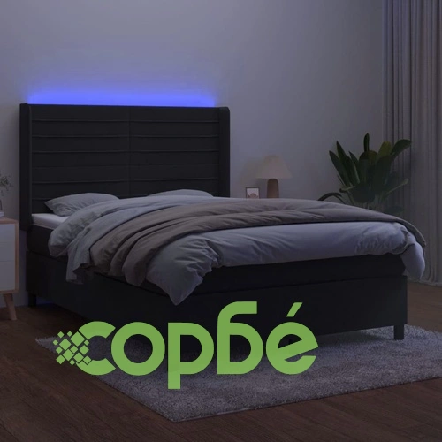 Боксспринг легло с матрак и LED, черно, 140x200 см, кадифе ➤ топ цена ➤ sorbe.bg