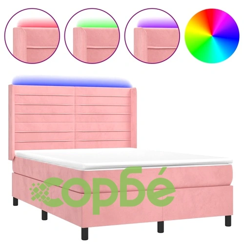Боксспринг легло с матрак и LED, розово, 140x200 см, кадифе ➤ топ цена ➤ sorbe.bg