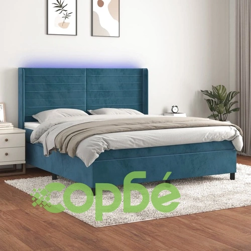 Боксспринг легло с матрак и LED, тъмносиньо, 160x200 см, кадифе ➤ топ цена ➤ sorbe.bg